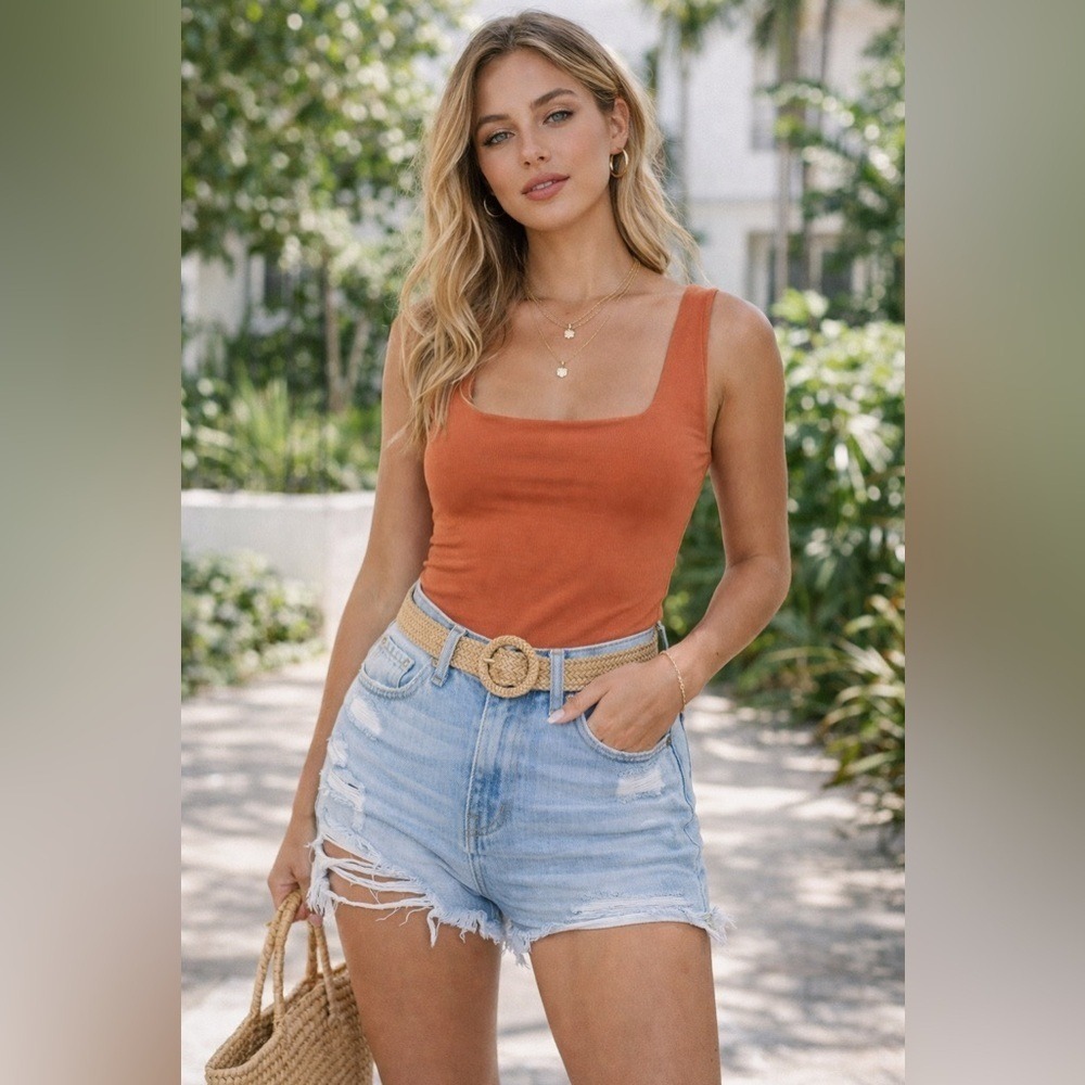 Popular 21 Women Rust Orange Square Neck Tank Bodysuit BX8091 Small